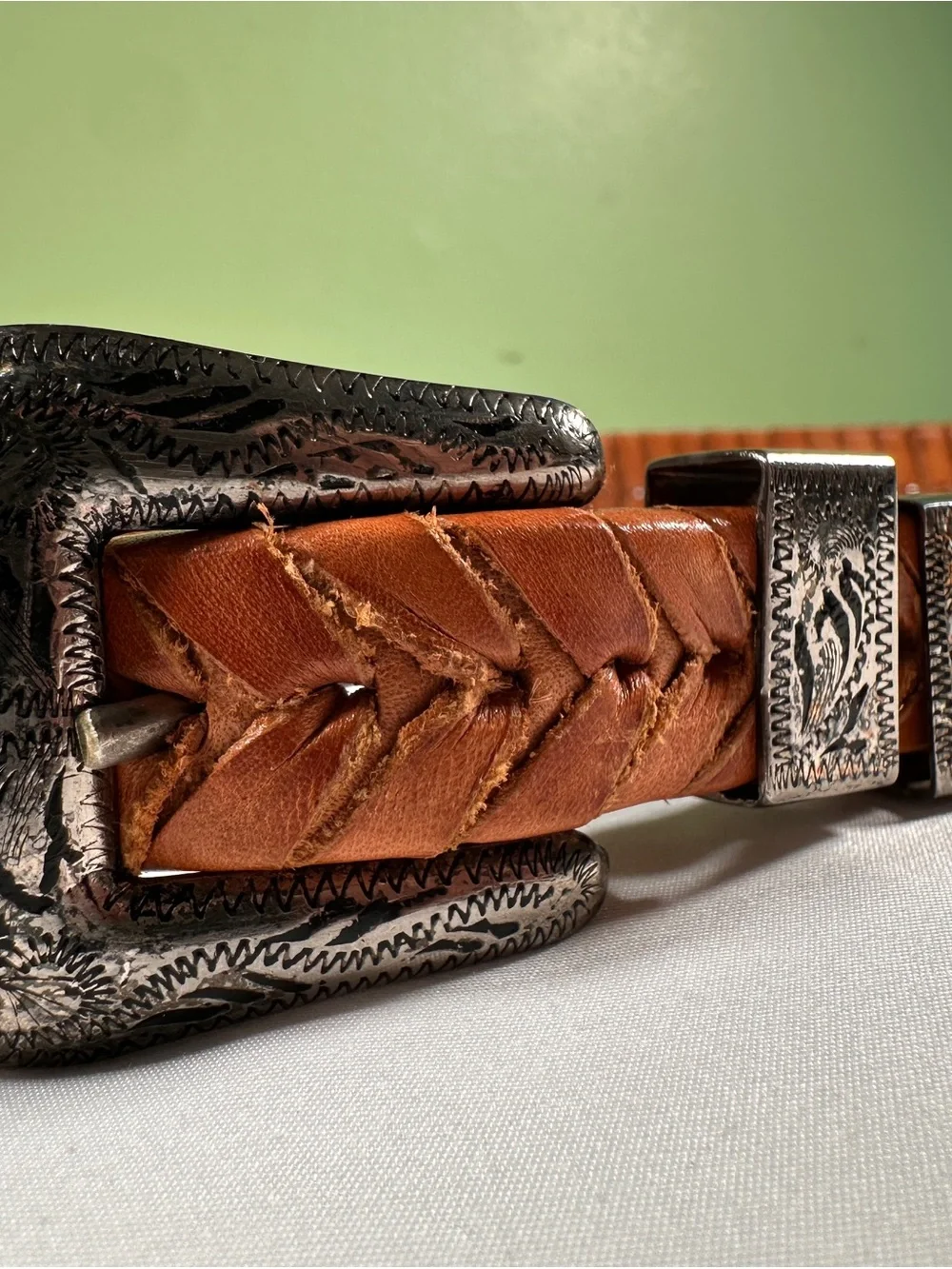 Braided Leather Western Belt with Engraved Silver Buckle - Cognac
